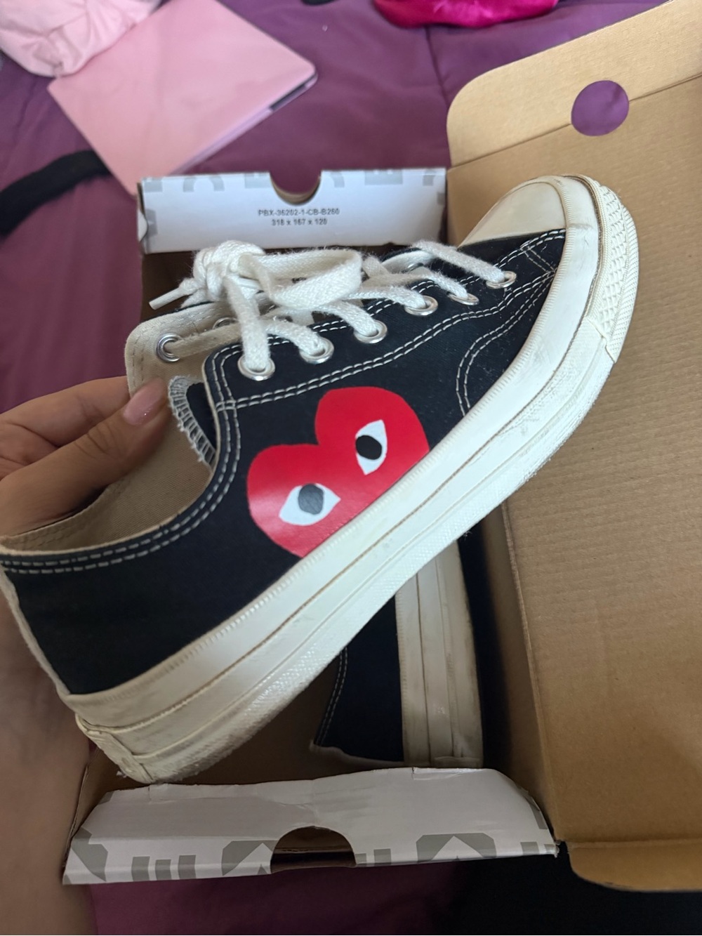 Converse Black Canvas Low-Top Sneakers with Red Heart Graphic